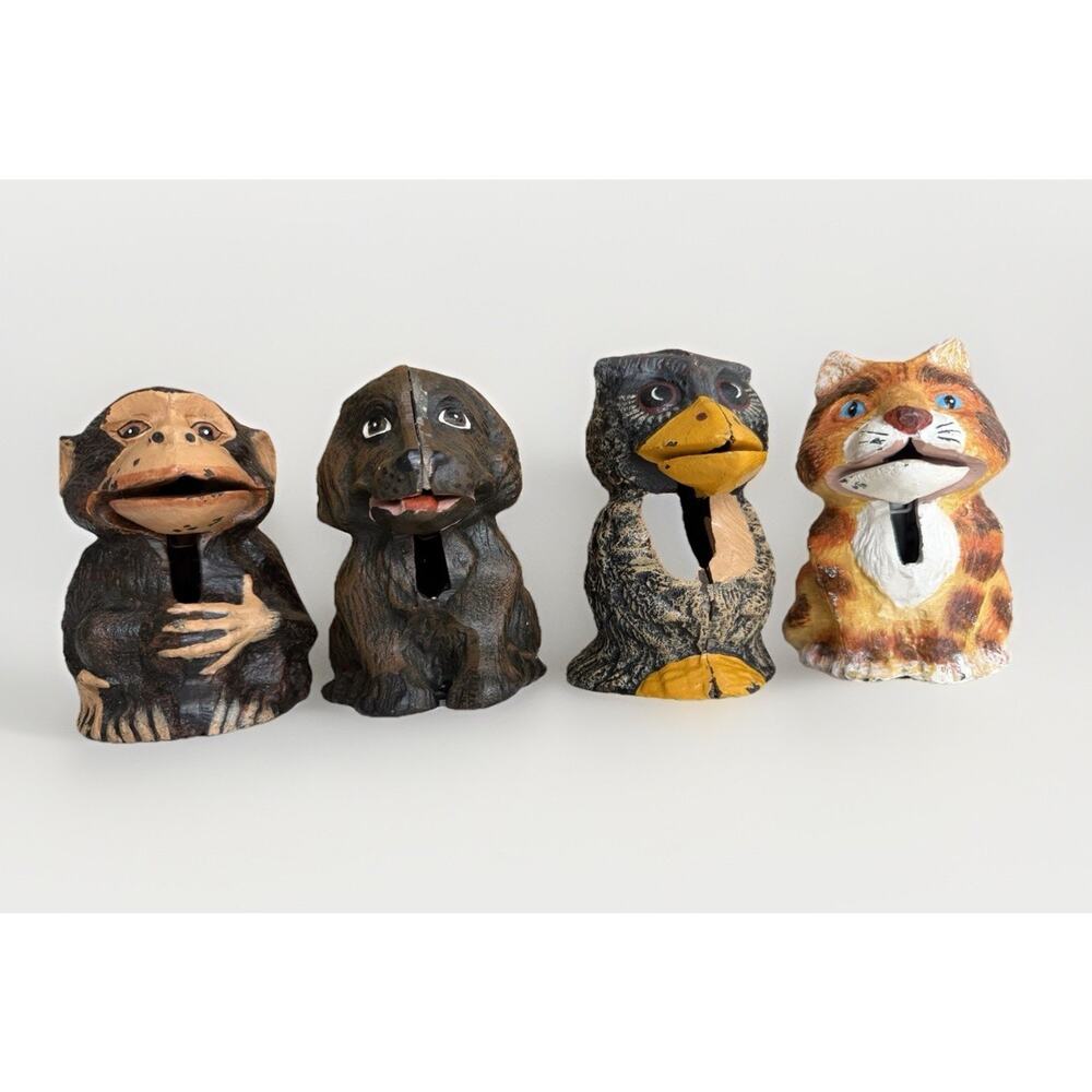 Vintage Bits & Pieces Cast Iron Coin Banks Set Of Four Monkey Dog Cat Bird